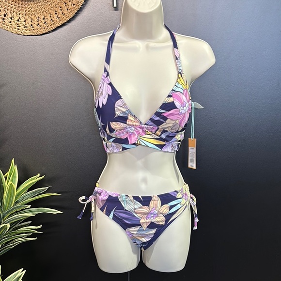 Kona Sol orchid jungle print 2 pc. swimsuit,bikini hipster bottom w/tie keyhole - Picture 1 of 11